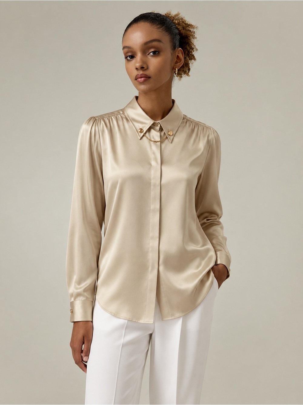 Satin Champagne Button-Front Blouse with Point Collar